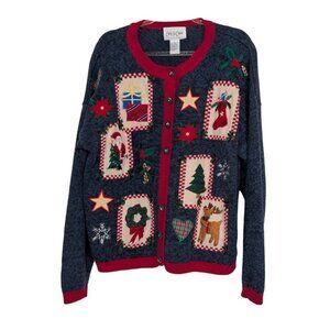 Vintage Christmas Cardigan Womens Size Large Blue Beaded Holiday Carly St Claire